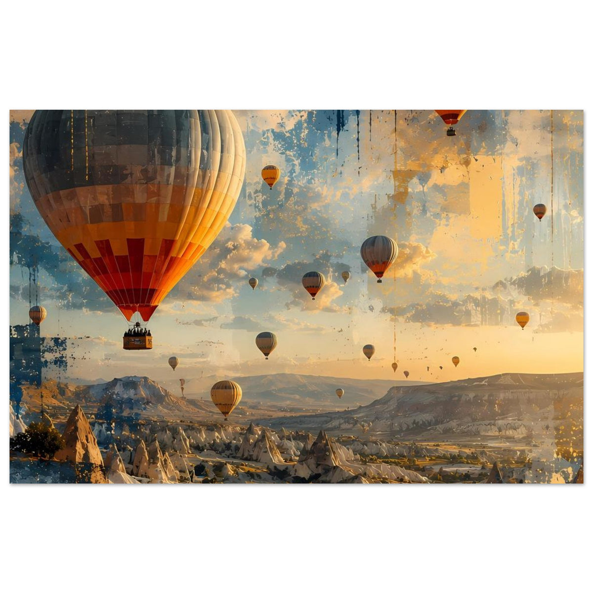 Breites Poster mit Heißluftballons und Panorama-Landschaft, abstrakt, warmes Gelb
