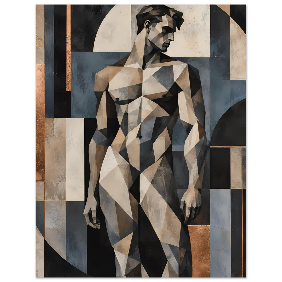 Kunstposter mit abstrakter Aktfigur aus Polygonen, Beigetöne, Blau-Grau und Rostbraun