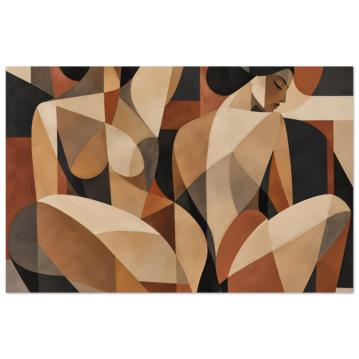 Poster im Querformat: abstrakte Frauenfiguren mit geometrischen Formen in Erdtönen