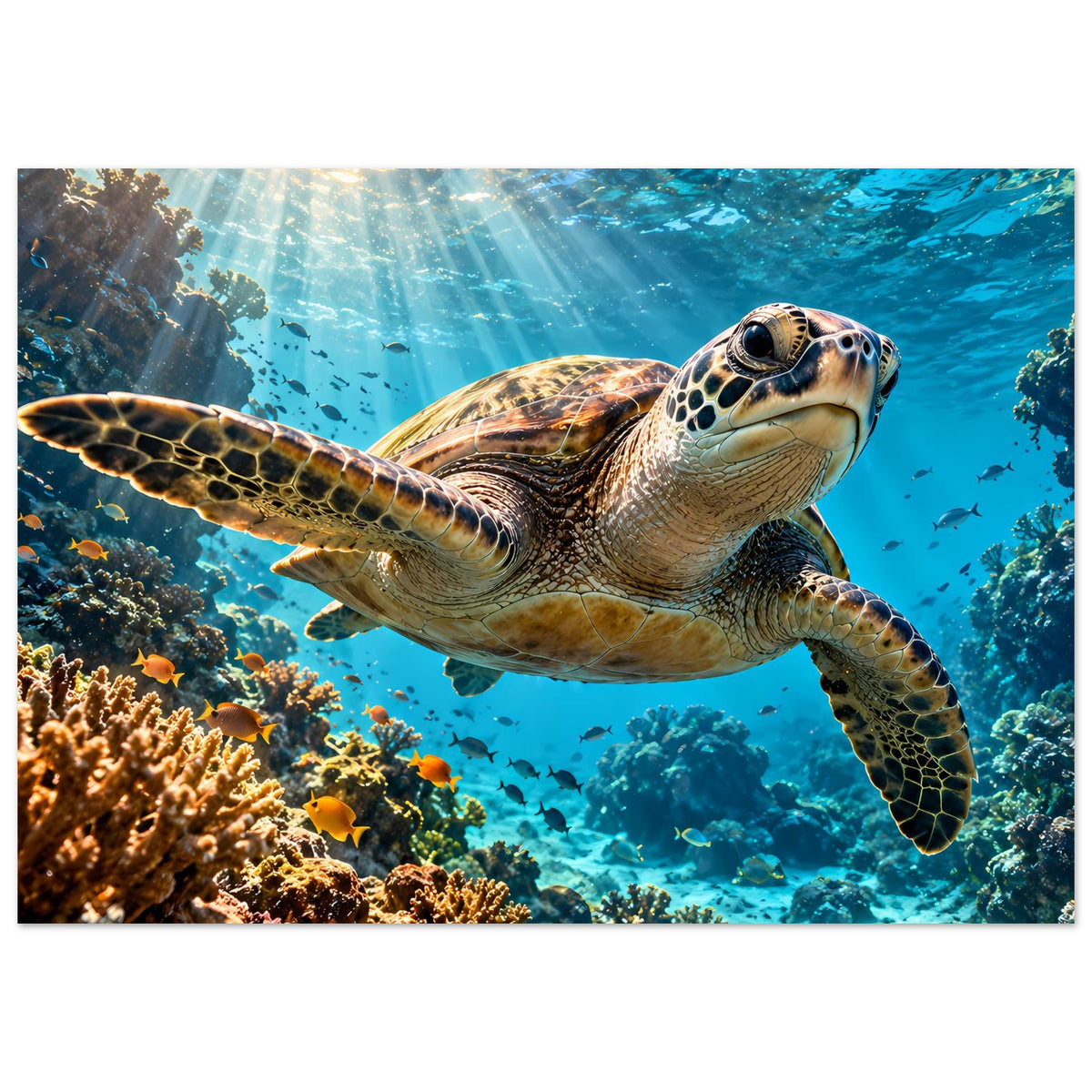 Meeresschildkröten-Poster im Querformat: Nahansicht der Schildkröte mit Flossen im Ozeanblau