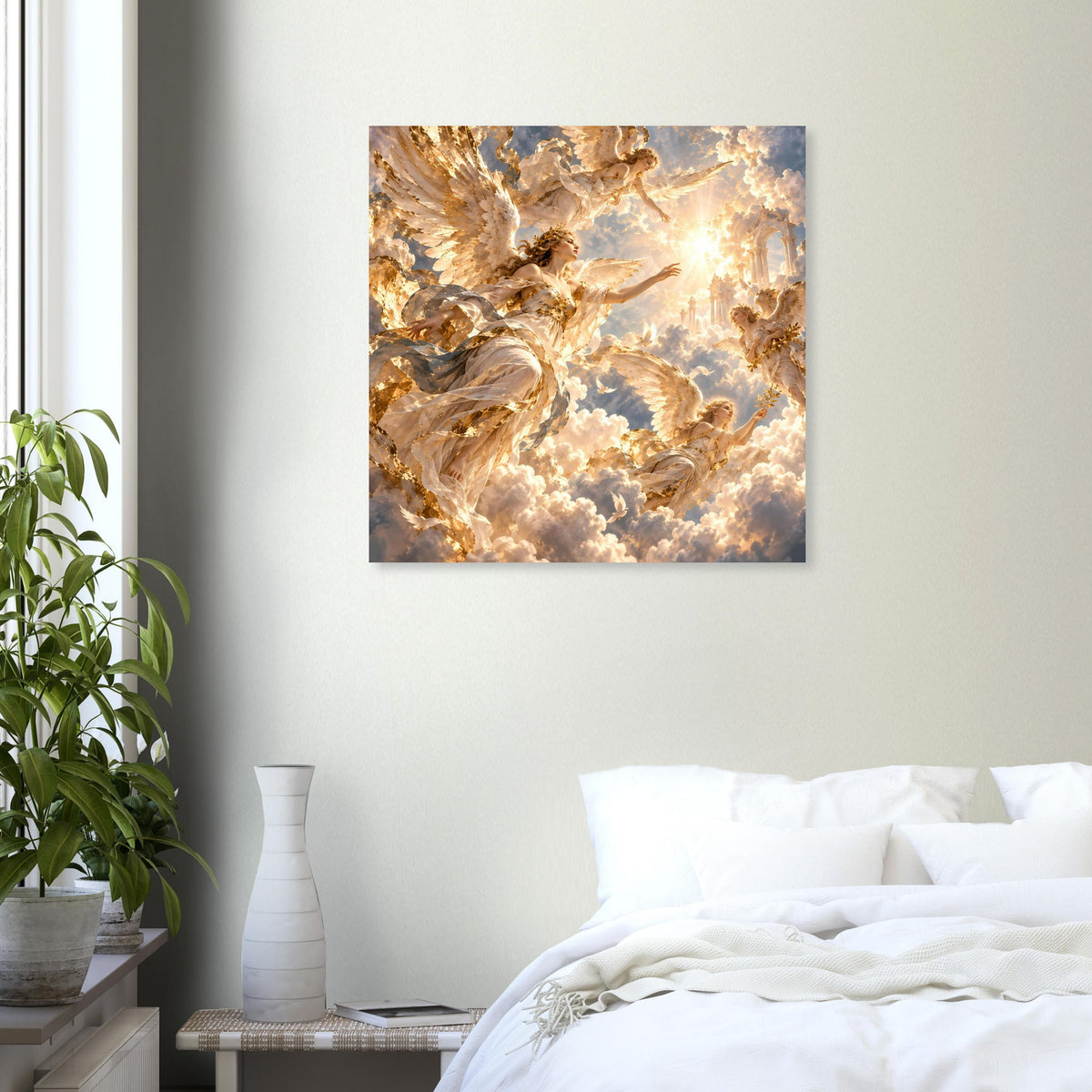Quadratisches Premium-Mattposter mit goldfarbenem Engelsmotiv und Wolken