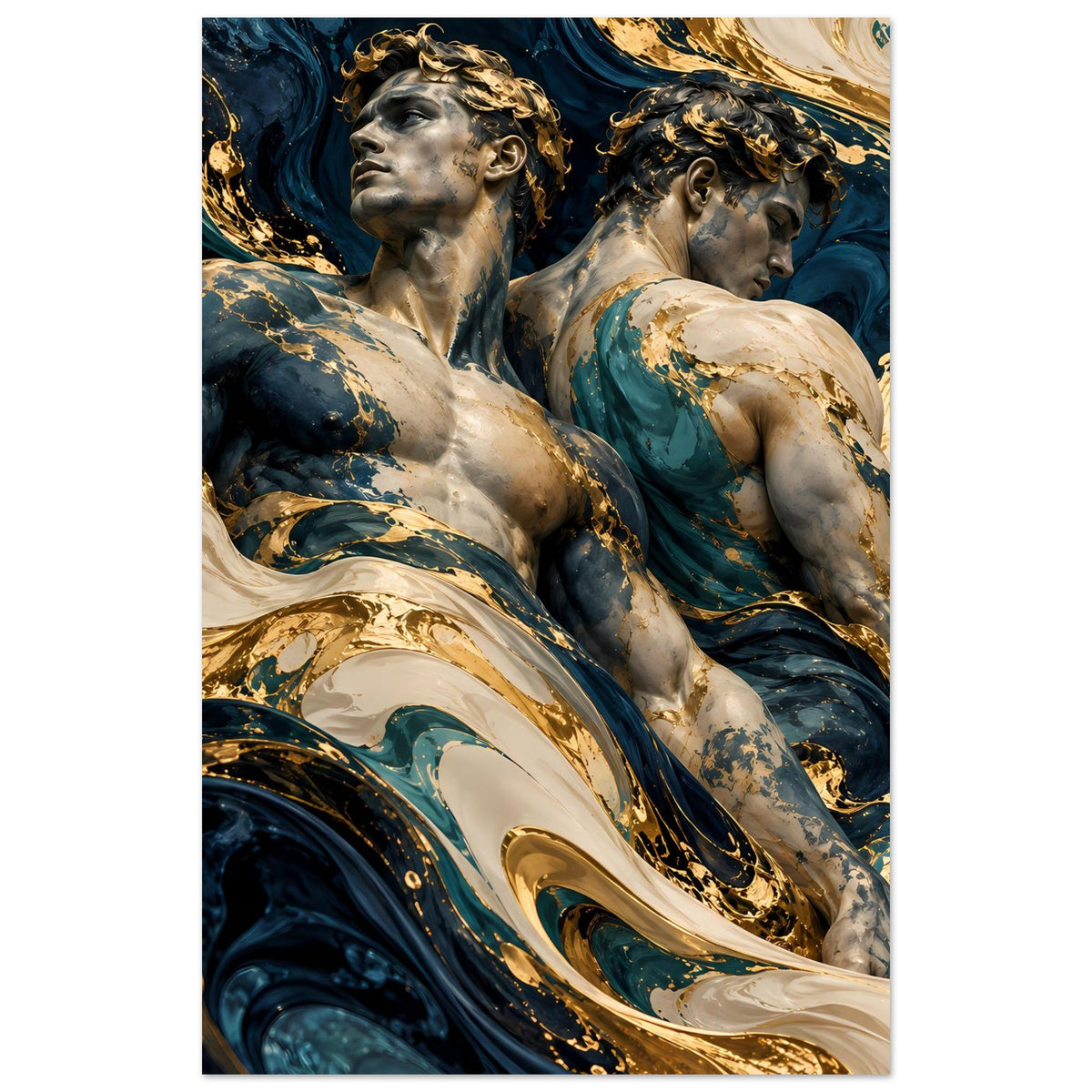 Kunstposter mit zwei Aktfiguren im Bildausschnitt, Blau-Goldwirbel und goldene Sprenkel