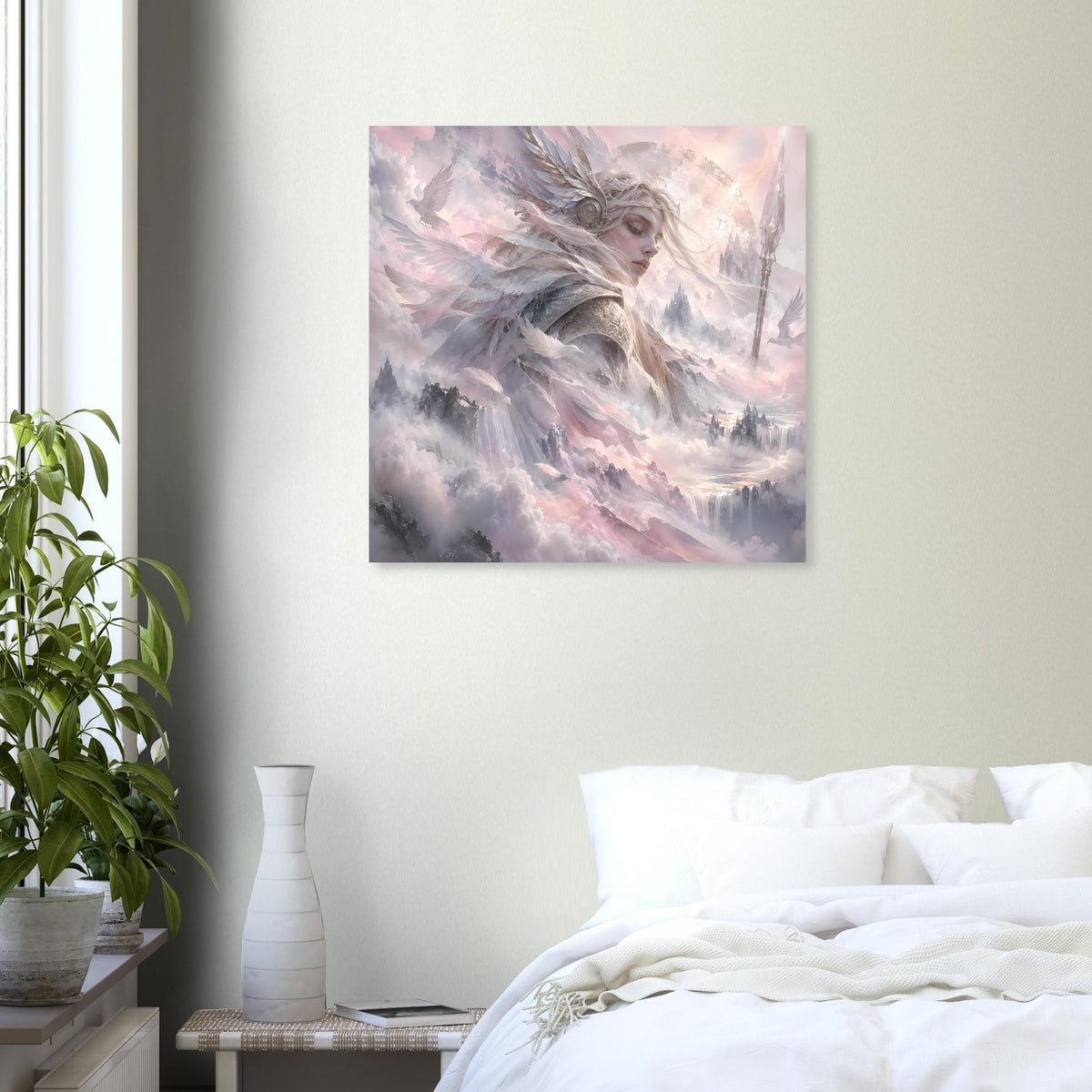 Nordisches Fantasy-Poster mit Walküre im Nebel, geflügelte Figur, pastellige Wolken