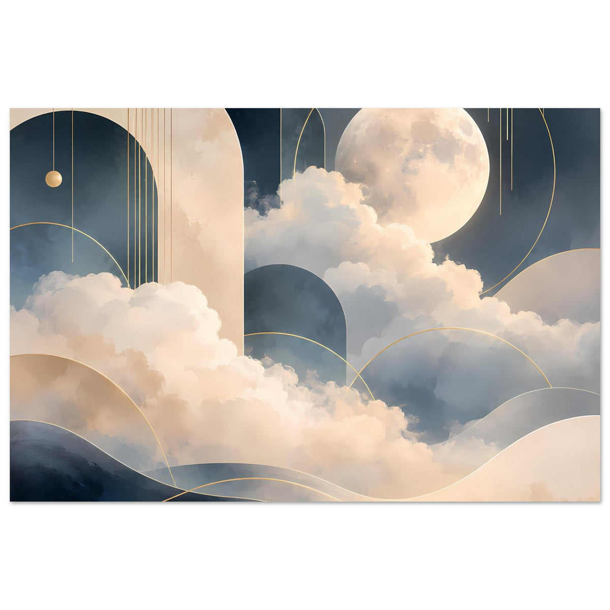 Abstraktes Poster mit Mond, Wolken, goldenen Bögen und sanften Farbverläufen