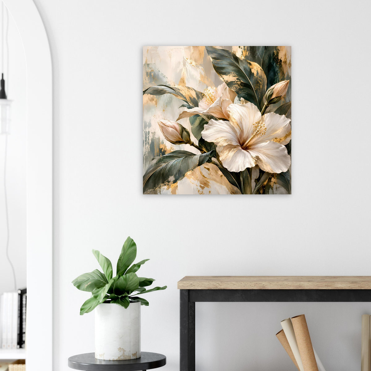 Blumenposter mit weißer Blüte und grünen Blättern auf beigem Aquarellgrund