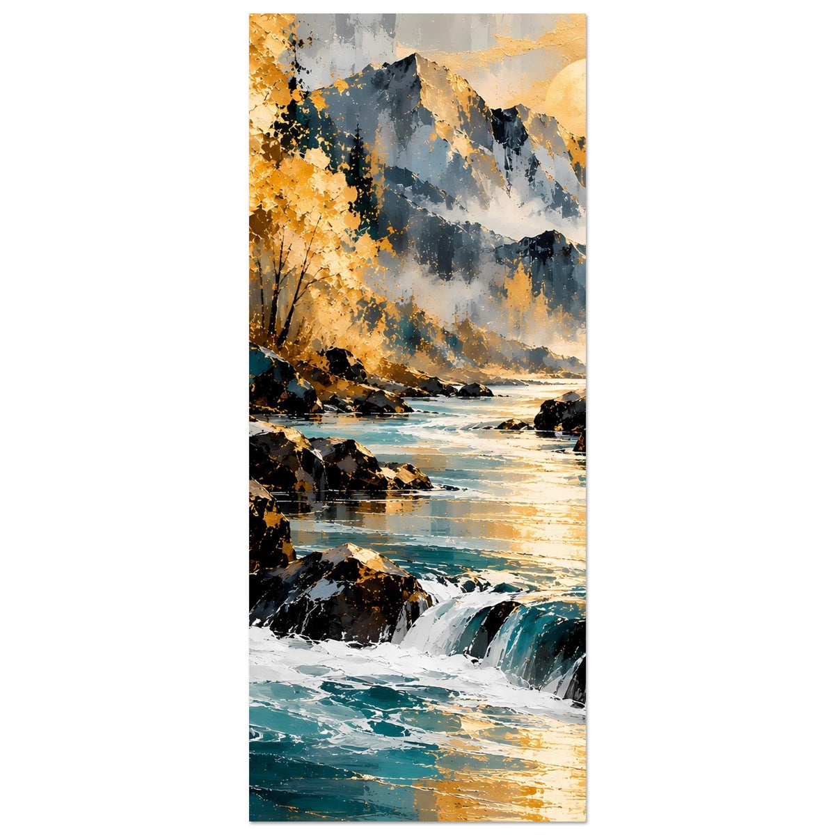 Vertikales Herbstlandschafts-Poster mit Fluss, Wasserfall, Bergen, goldenen Bäumen