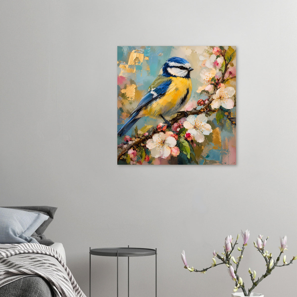 Vogelkunst-Poster (kleiner Druck): Vogel auf Ast mit weißen und rosa Blüten