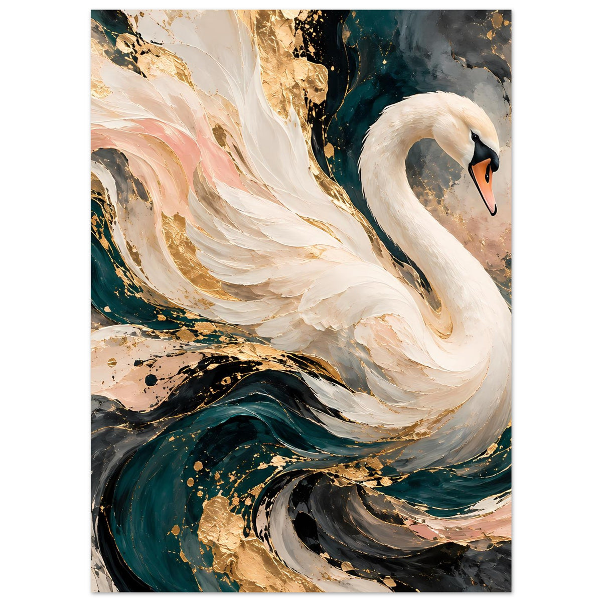 Kunstposter: weißer Schwan vor goldenen Sprenkeln auf schwarz-türkisem Farbschlieren