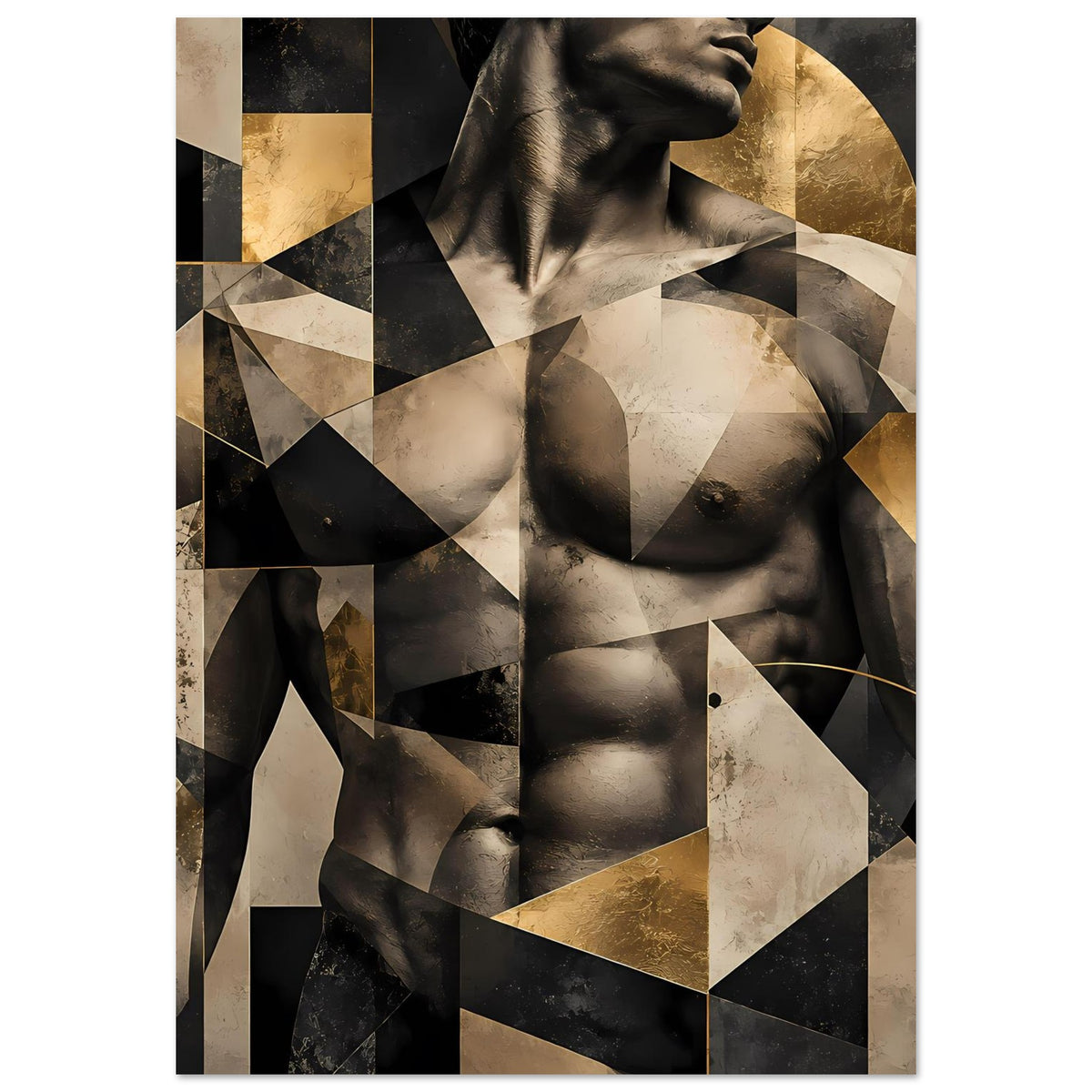 Aktkunst-Poster mit abstrakten Kacheln: schwarz, beige und goldene Flächen im Design