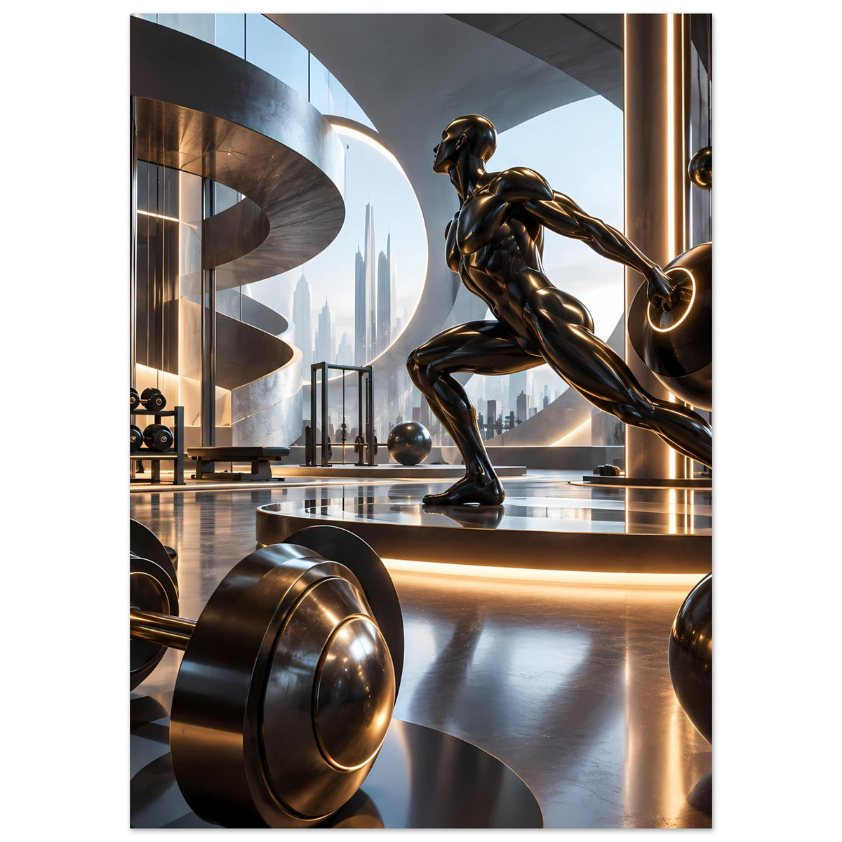 Poster mit bronzener Fitnessstatue, Hantelscheiben und futuristischem Studio, senkrechtes Motiv