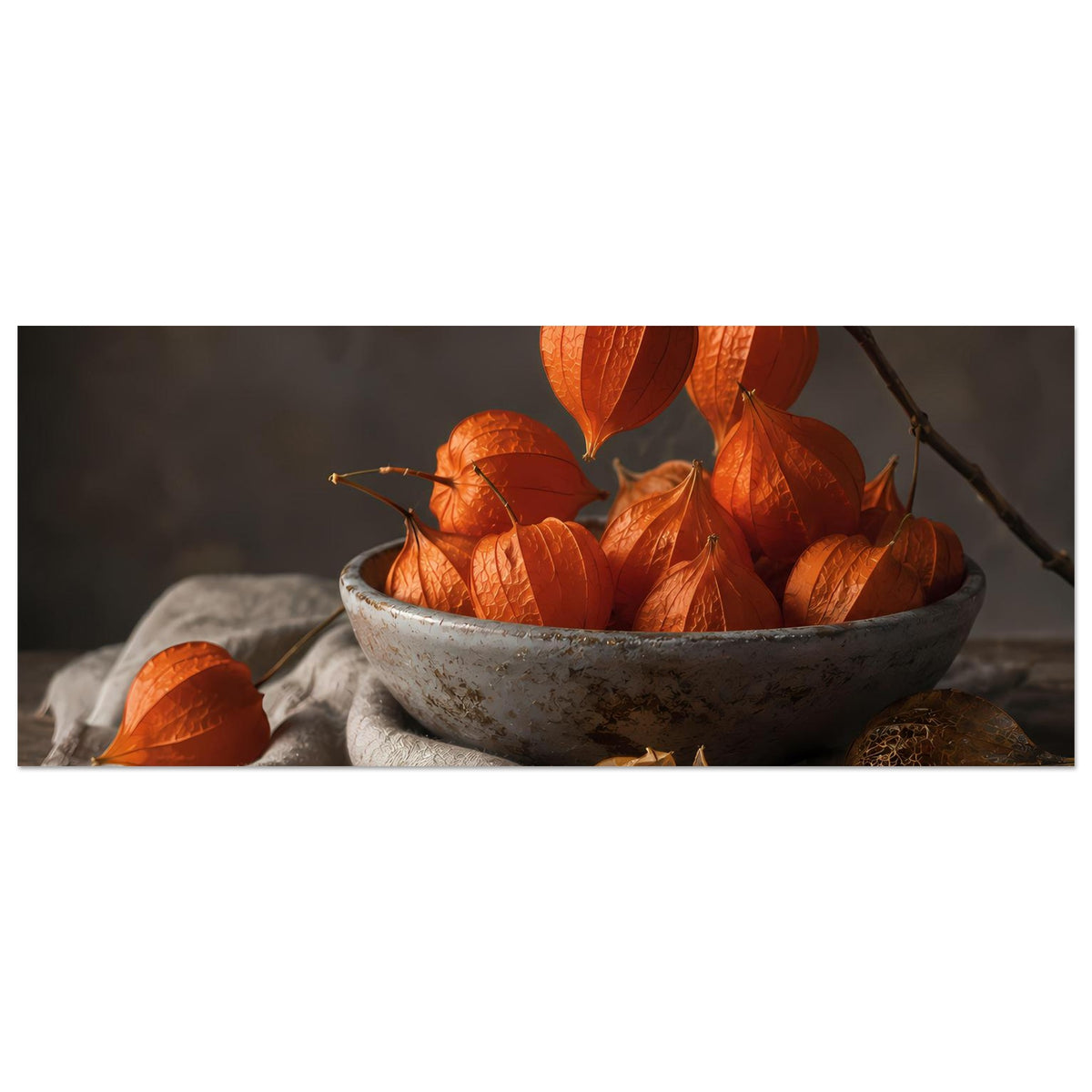 Herbst-Poster im Querformat: orangefarbene Blätter in Schale, Tuch und einzelne Blätter