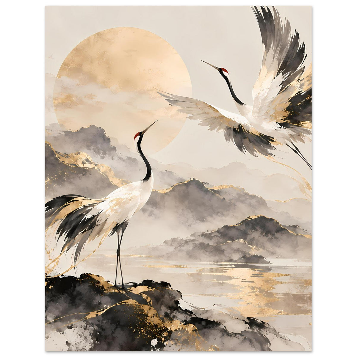 Poster mit Kranichpaar im Vordergrund, kreisförmiger Sonne, Wolken und goldenen Sprenkeln