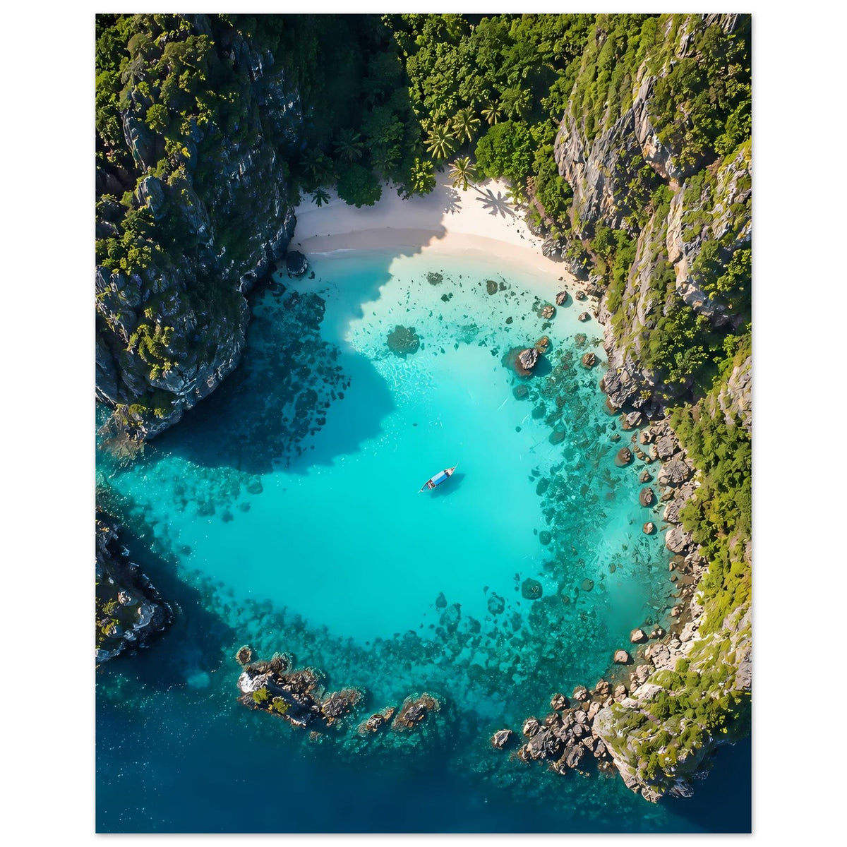 Vertikales Landschafts-Poster: türkisfarbene Lagune zwischen Felsen und Grün