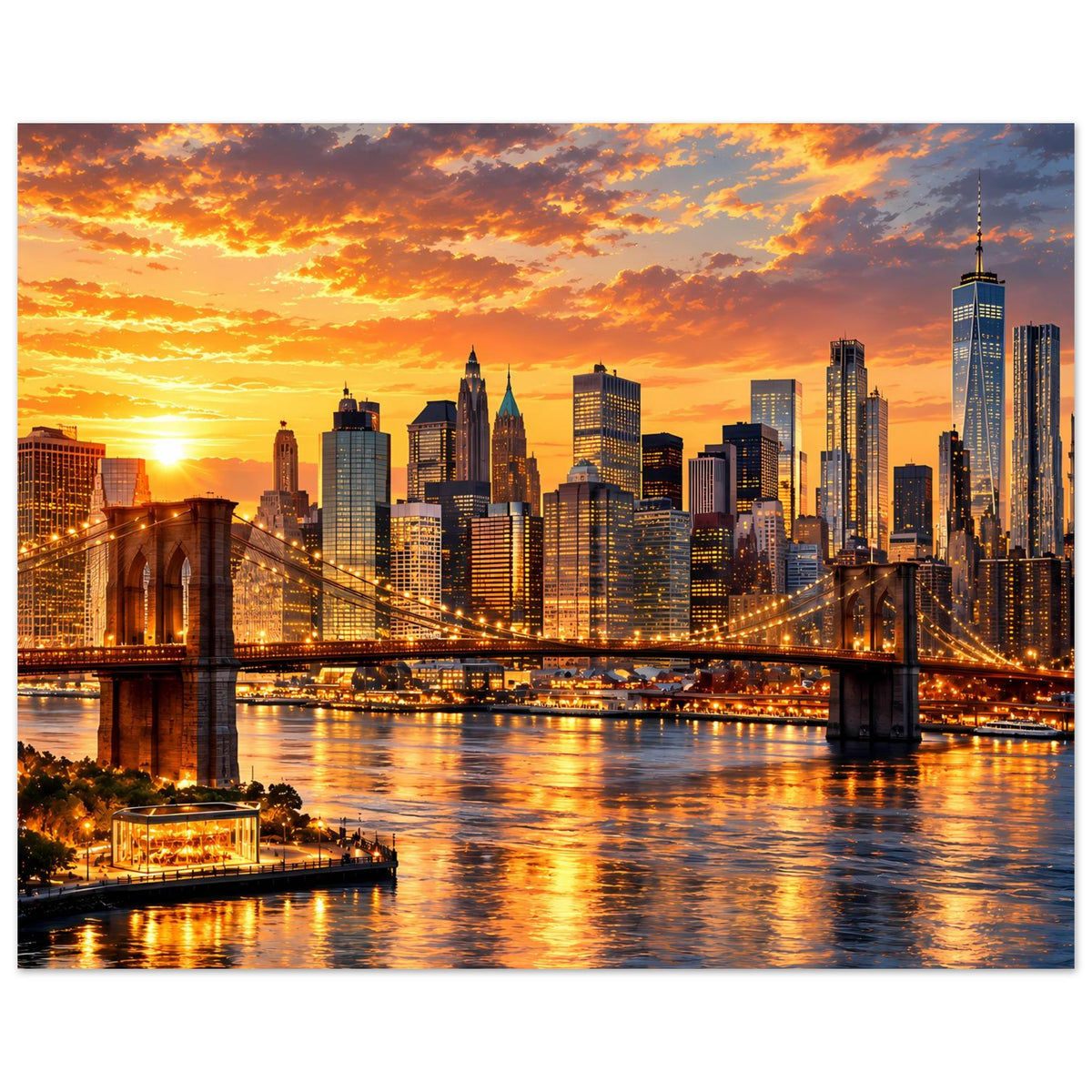 Querformat-Poster: New York Skyline mit beleuchteter Brücke und Sonnenuntergang am Wasser