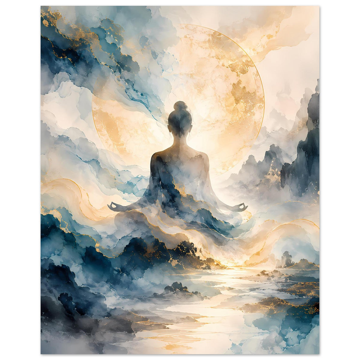 Meditatives Poster mit Rückenansicht, blauen Himmelwolken und goldenem Kreislicht