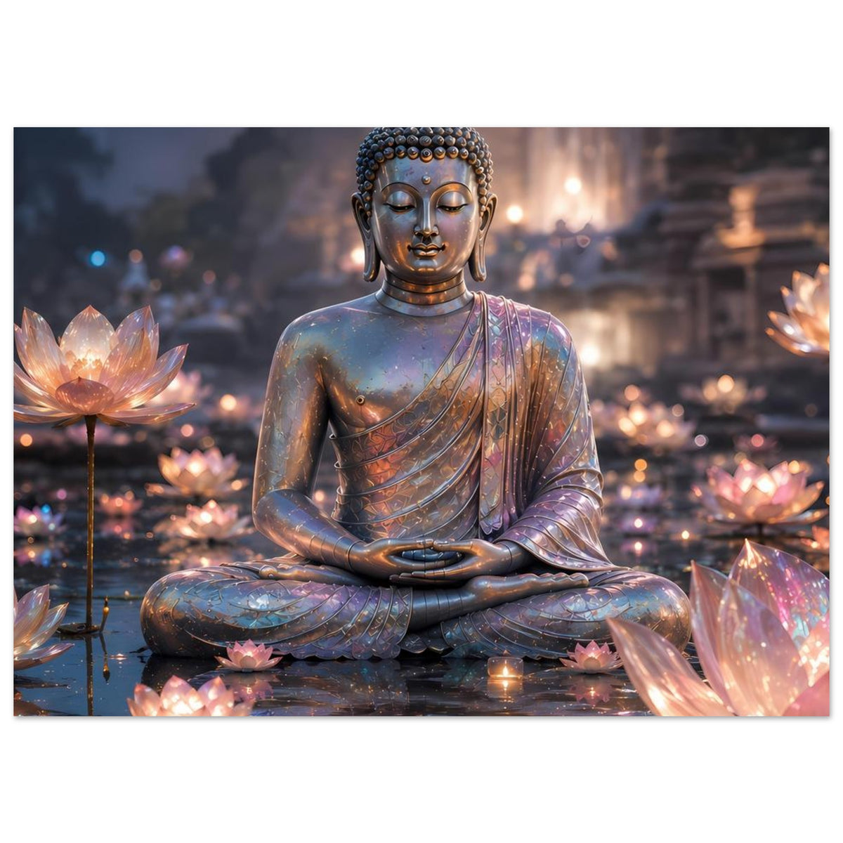 Meditationsposter im Querformat mit sitzendem Buddha und leuchtenden Lotuslichtern