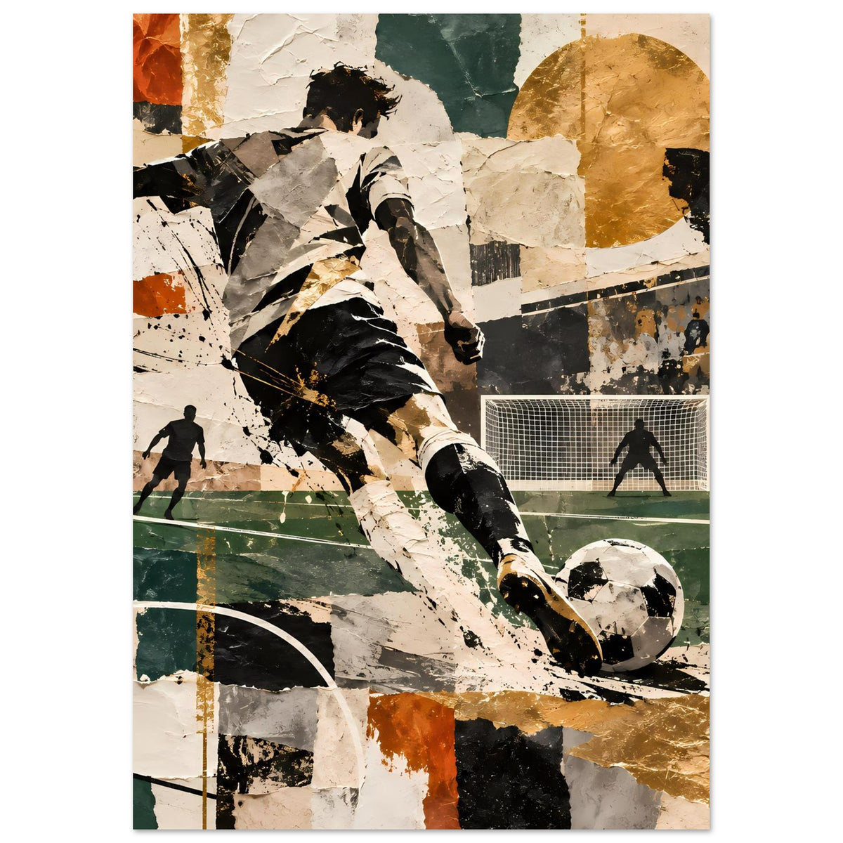 Vertikales Kunstposter mit abstraktem Fußballspieler im Kick, Balldetail, schwarz-weiß mit goldenen Flächen