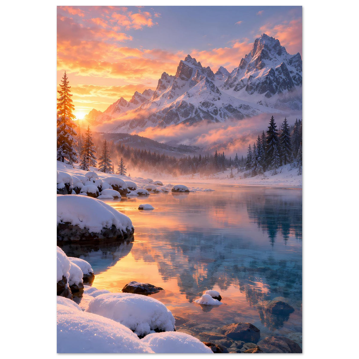 Winterlandschaft-Wandposter im Hochformat: verschneiter Uferbereich, Tannen, Bergspitzen, Sonnenlicht am Rand
