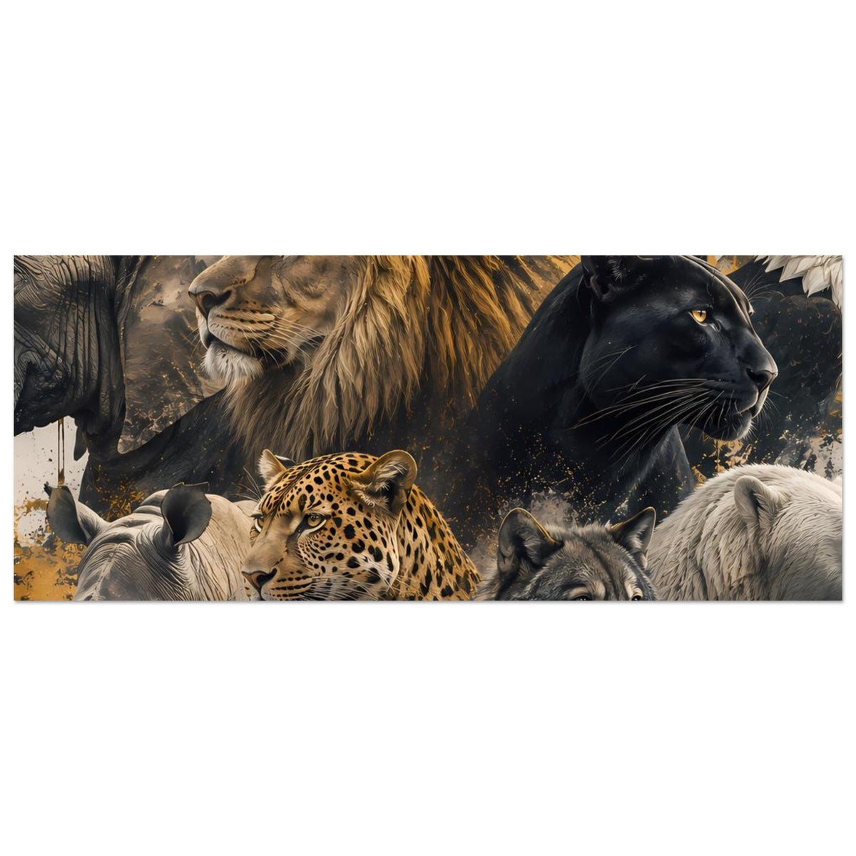Wildtiere-Poster im Querformat mit Löwe, Panther, Leopard, Wölfen und Elefant