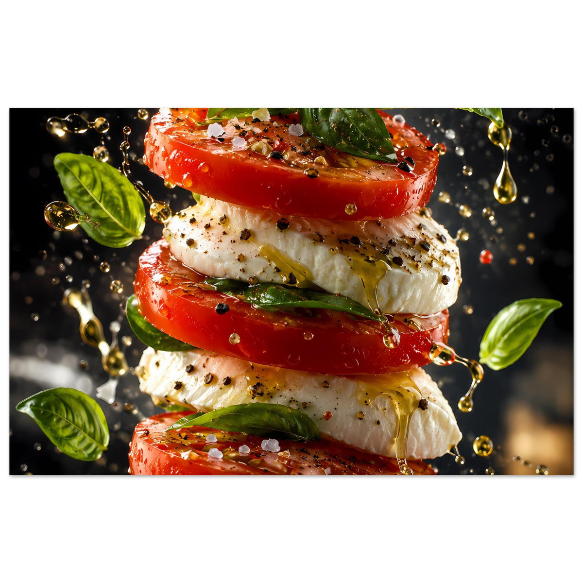 Küchenposter mit Motiv gestapelter Tomaten, Mozzarella und grünen Basilikumblättern