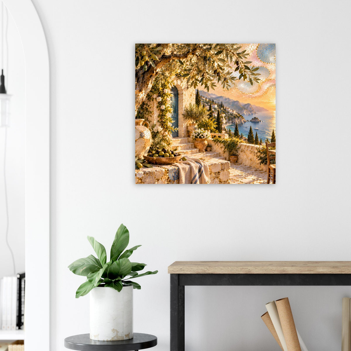 Mosaikkunst-Print an der Wand: mediterraner Durchgang mit Olivenbäumen und goldenem Laub