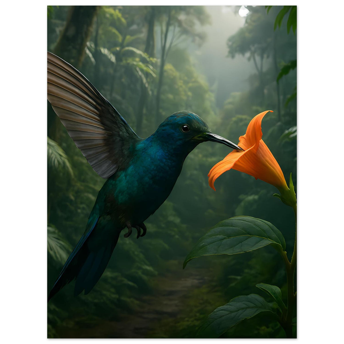 Poster mit blauem Kolibri und orangefarbener Blüte im Dschungel, vertikal