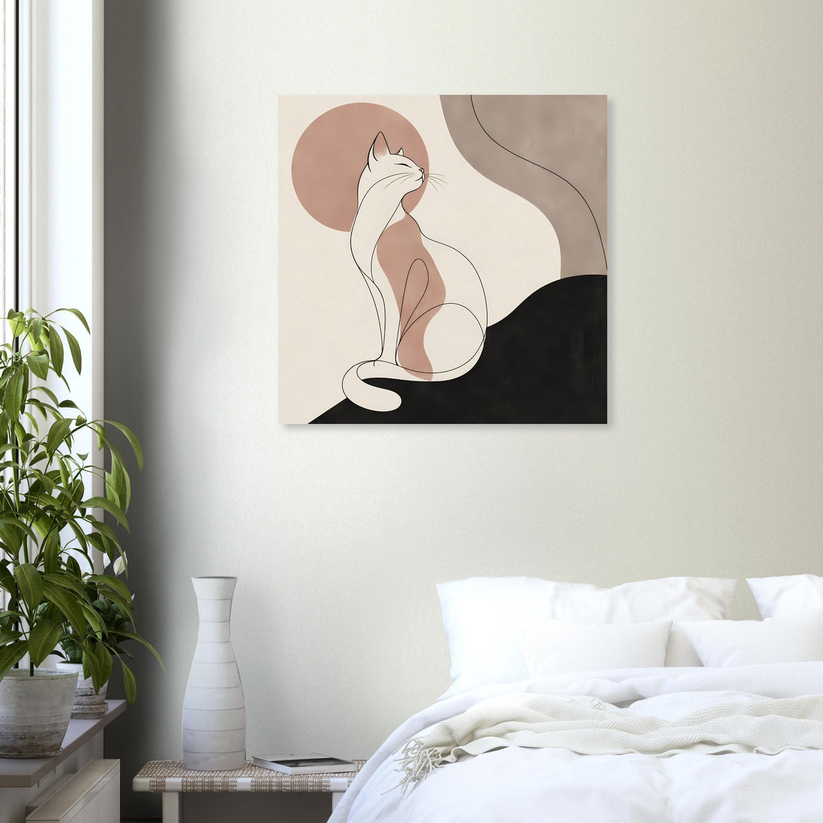 Poster mit minimalistischer Katzen-Silhouette im Profil, beiger Hintergrundkreis, schwarze Grundfläche