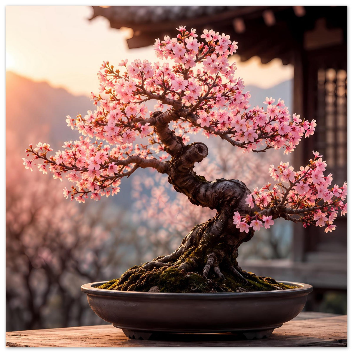 Poster: Bonsai mit rosa Blüten über dunkler Schale, Baumkrone prominent