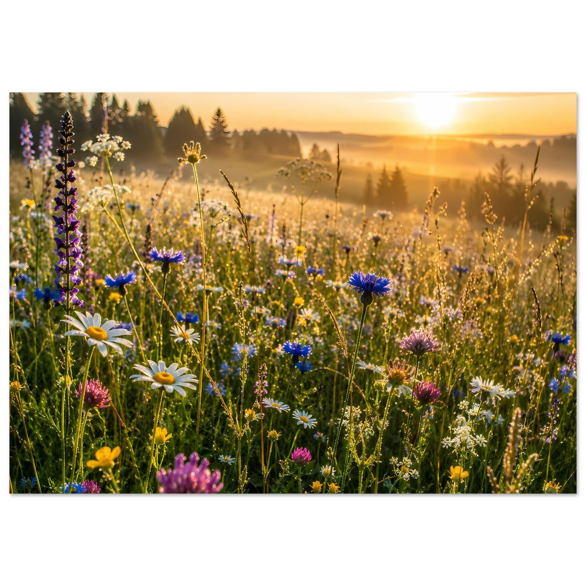 Blumenwiesenposter im Querformat mit bunten Wildblumen und warmem Licht der Sonne