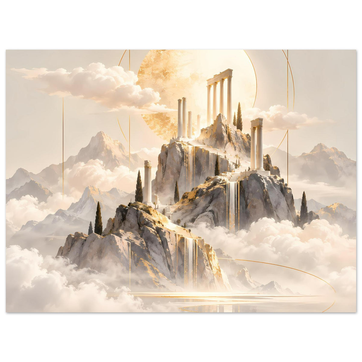 Horizontales Poster: goldener Tempelbogen über Felsen, Säulen und Wasserfällen in Wolken