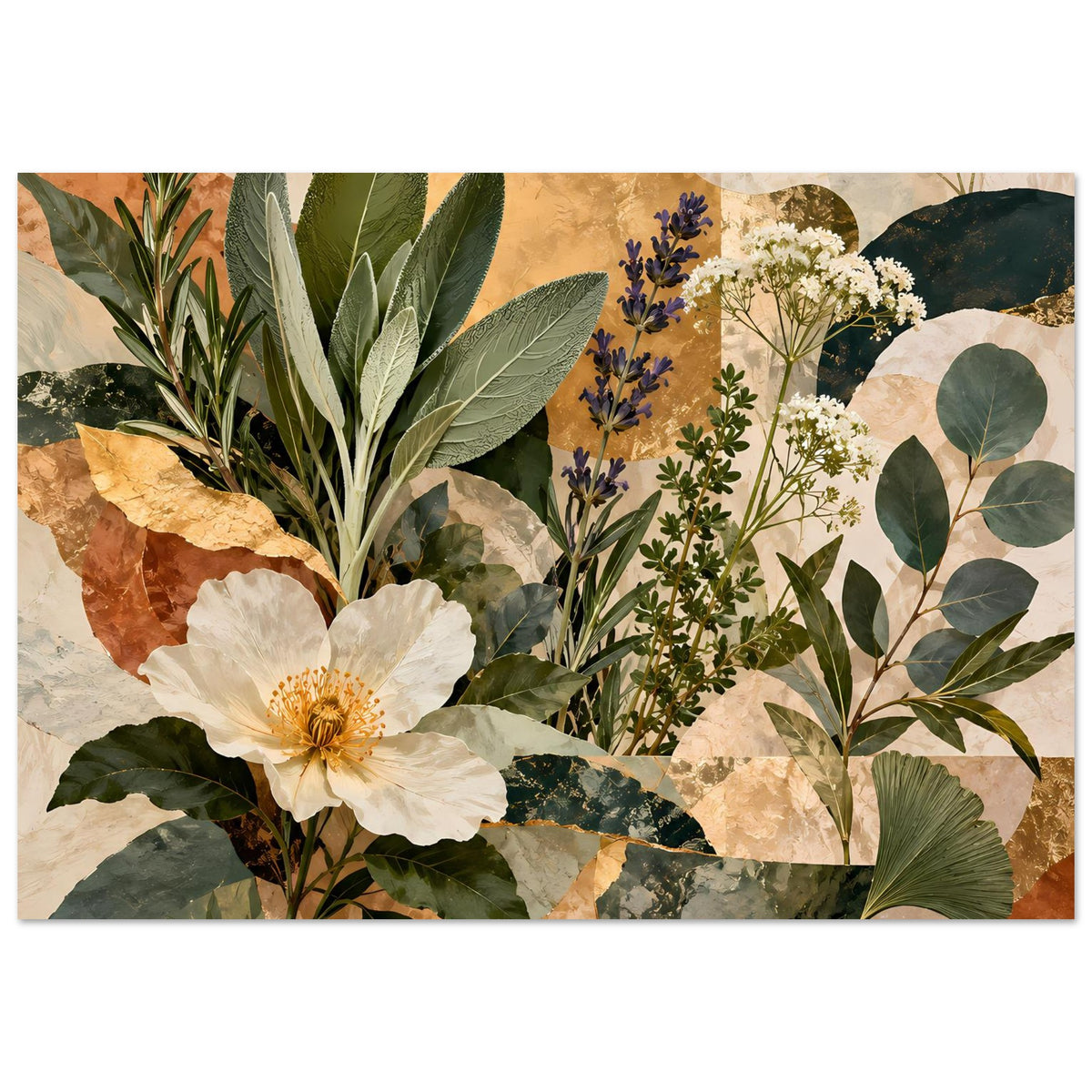 Botanisches Poster: weiße Blüte, blaue Rispen und grüne Blätter in Erdtönen