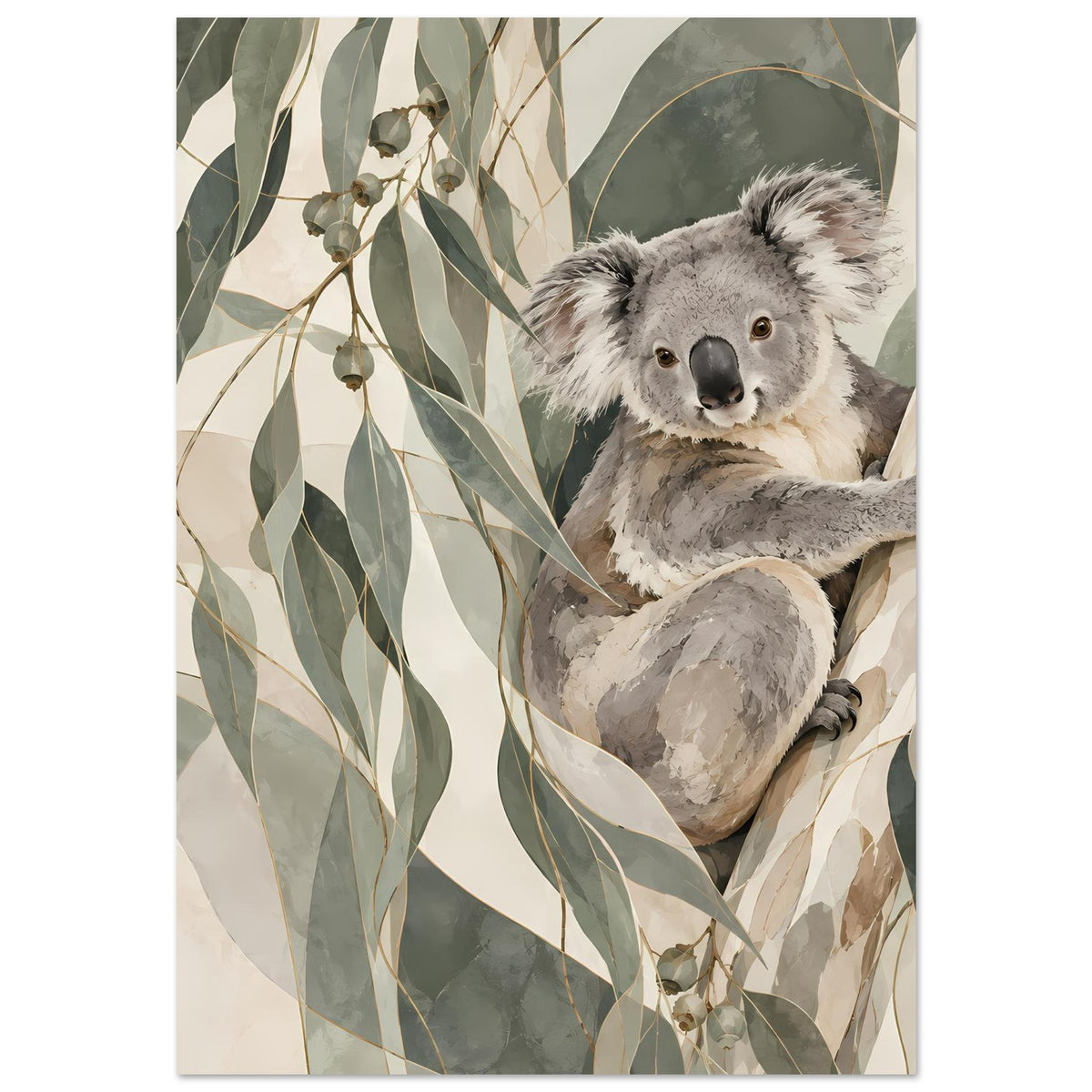 Gerahmtes Koala-Poster mit Kopf und Pfoten vor Blättern, Hochformat