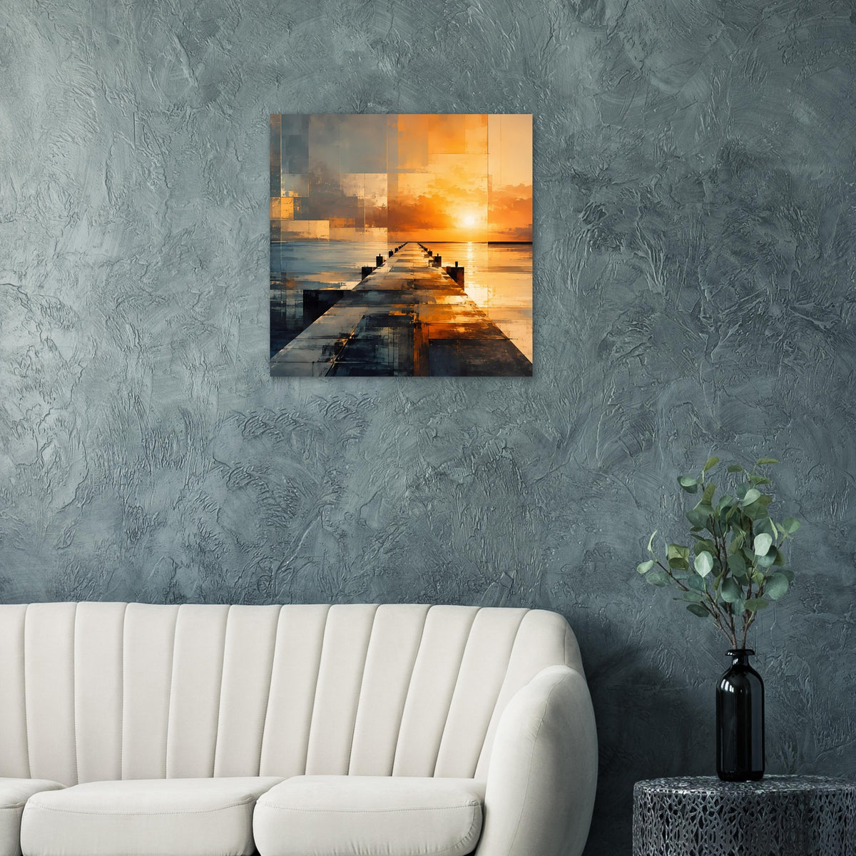 Wandposter mit abstraktem Pier und Sonnenuntergang, geometrisches Meerbild, blau-orange