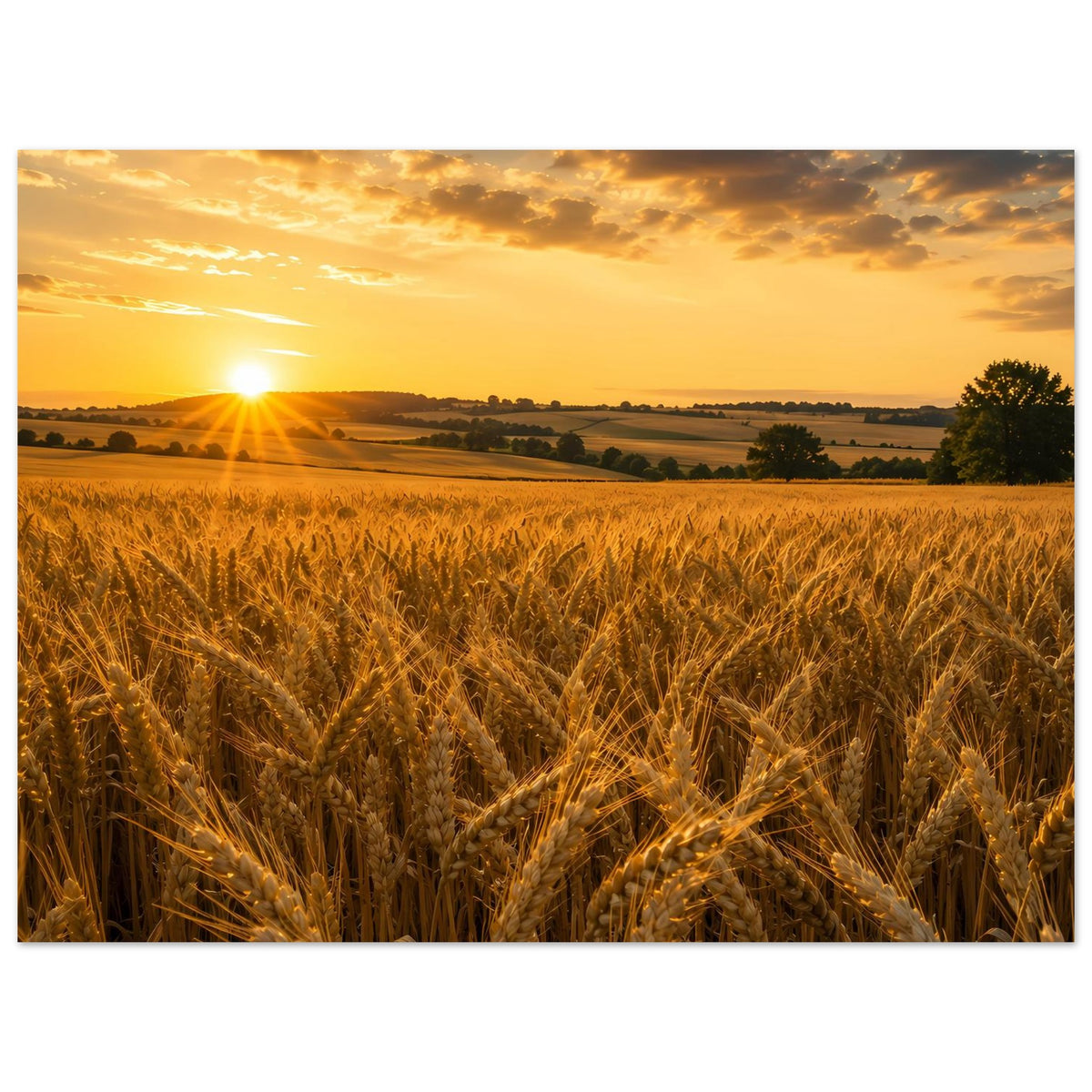Querformat-Poster mit Sonnenaufgang über Weizenähren, Blick auf Landschaft