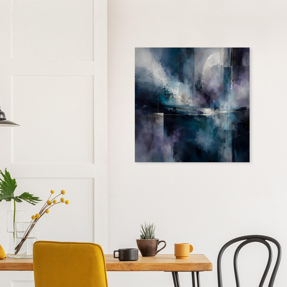 Abstraktes Kunstposter, quadratisch, in Blau und Violett mit weißen Schleiern