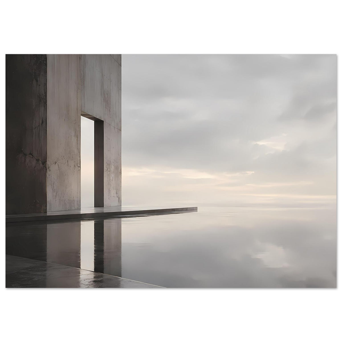 Architekturposter Querformat: Betonarkade mit Wasserreflexion und Wolken am Horizont