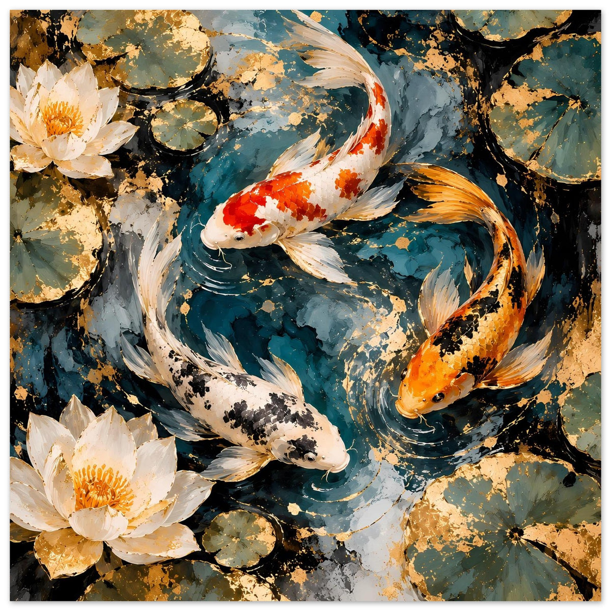 Kunstposter mit Koi-Fischen und Lotusblüten, farbiges Wasser-Motiv in Blau, Orange und Gold