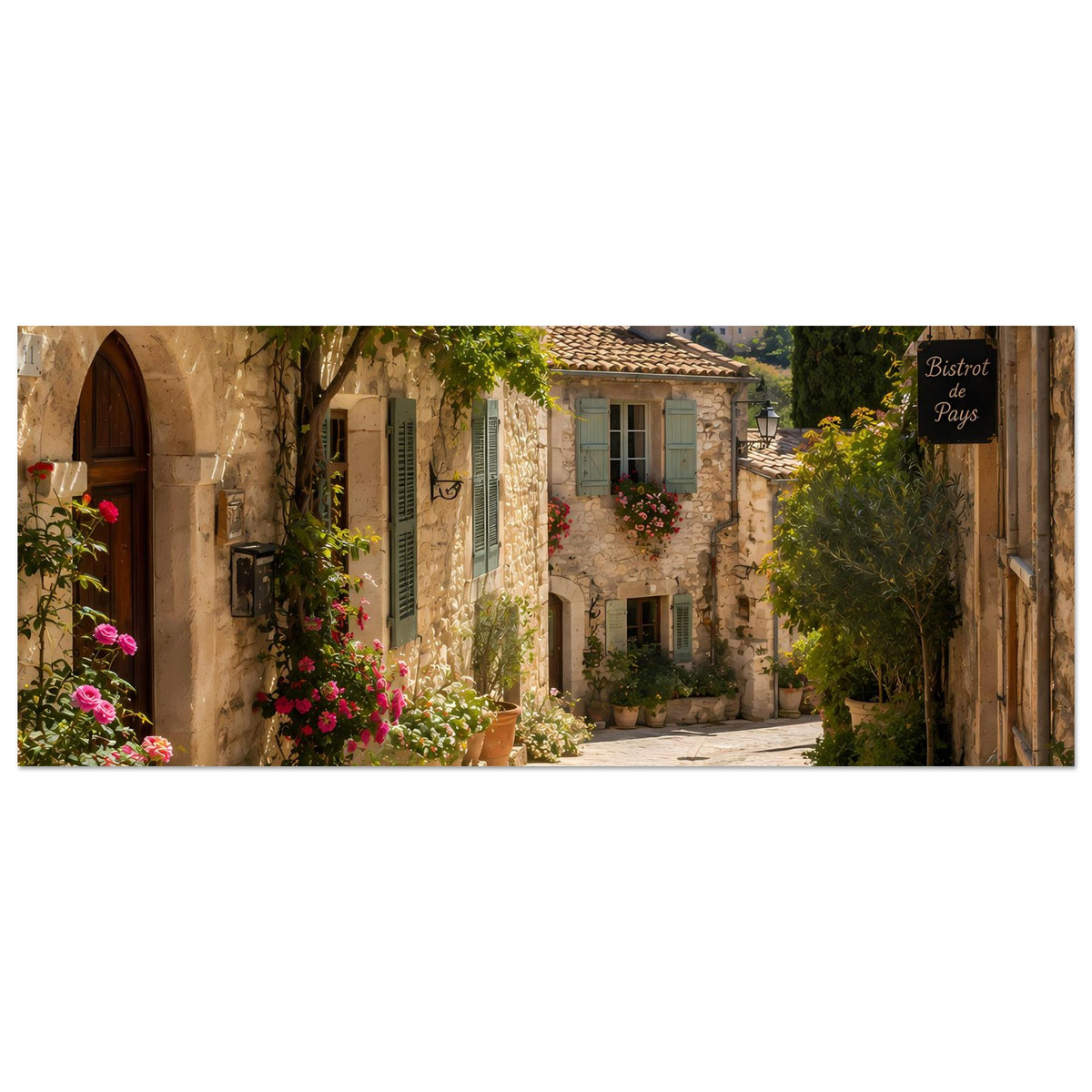 Querformat-Poster mit Provence-Gasse, Natursteinhäusern, Blumen, Schild „Bistro de Pays“