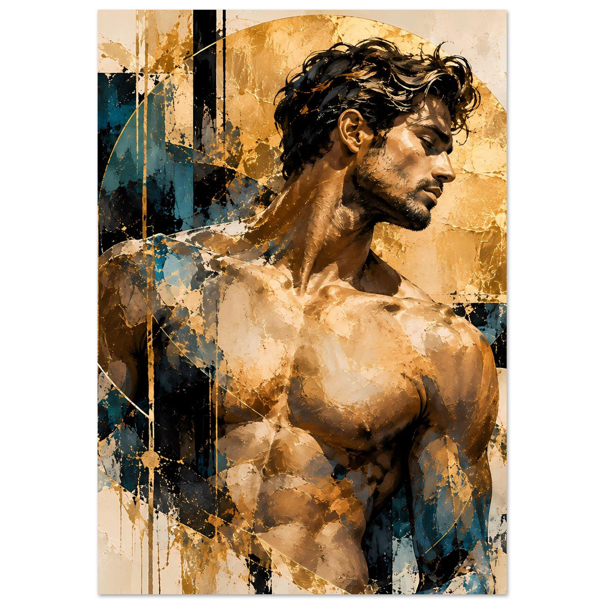 Kunstposter mit Aktmotiv eines Mannes im Profil, warm goldene und blaue Spritzer, hochkant