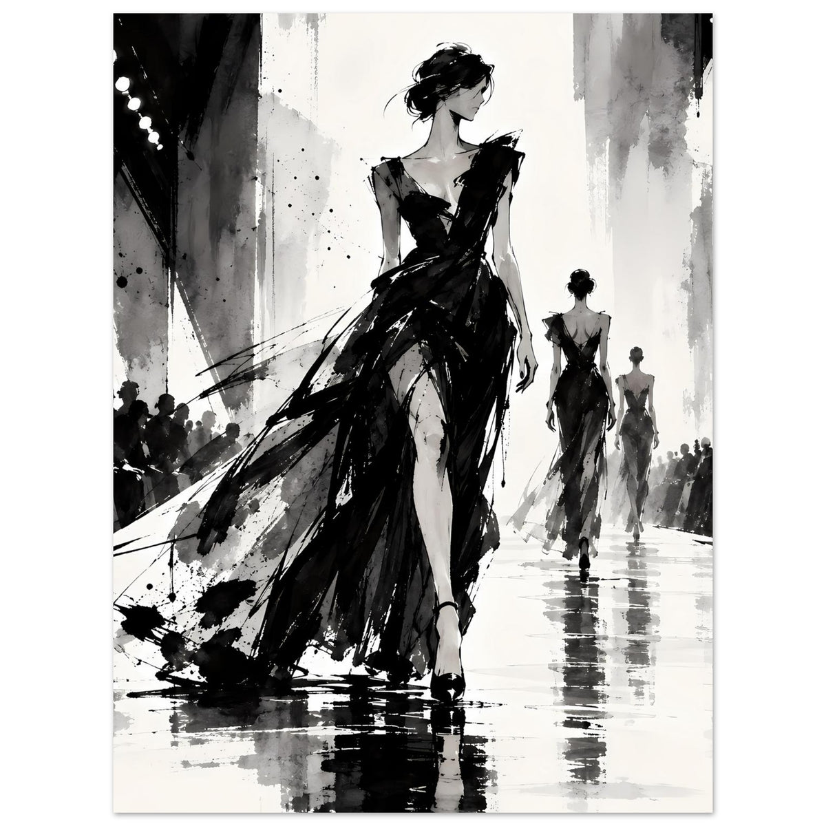 Schwarzweiß-Modeillustration als Poster: Frau im Abendkleid, Hintergrund mit weiteren Models.