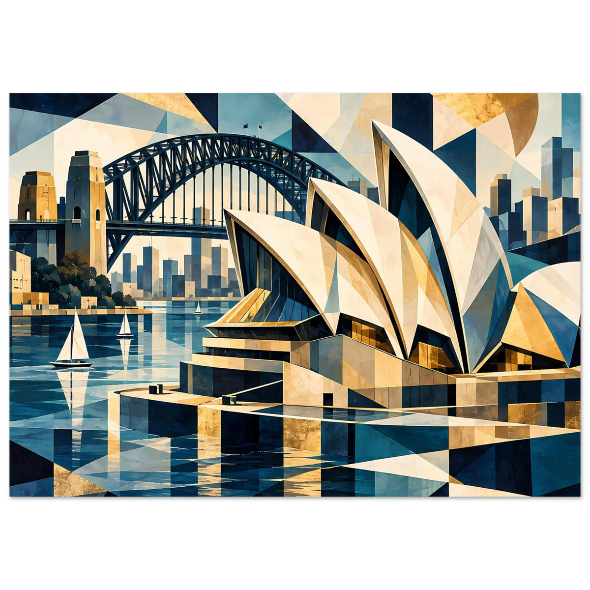 Querformat-Poster mit geometrischem Hafenbild: Bogenbrücke, Opernsegel und goldene Formen im Wasser