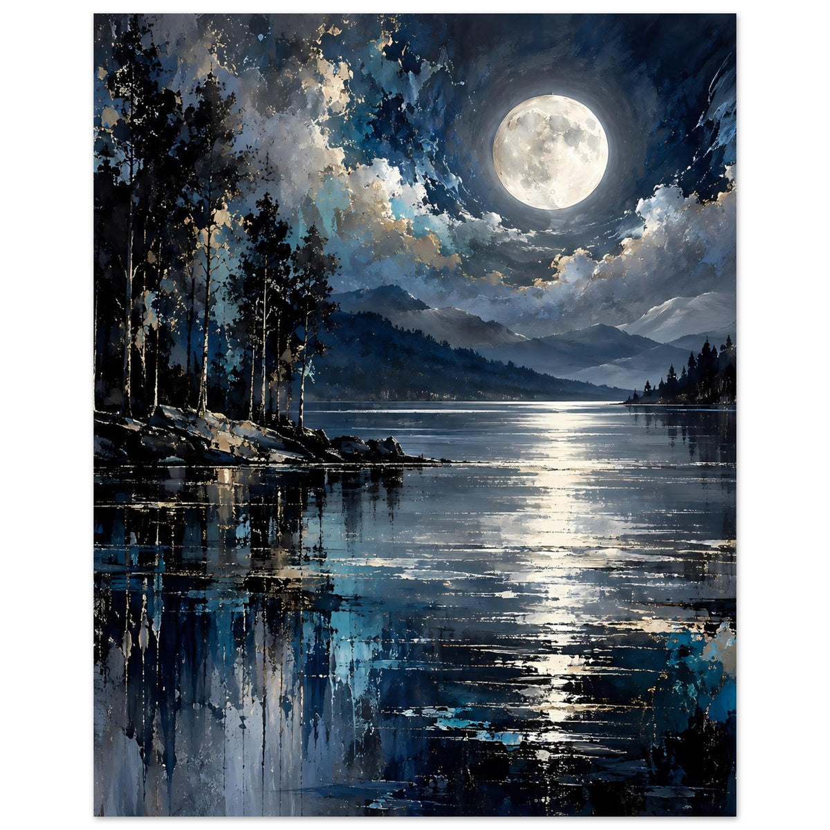 Hochformatiges Landschaftsposter mit Vollmond, Wolken und See-Spiegelung, Tannen am Ufer