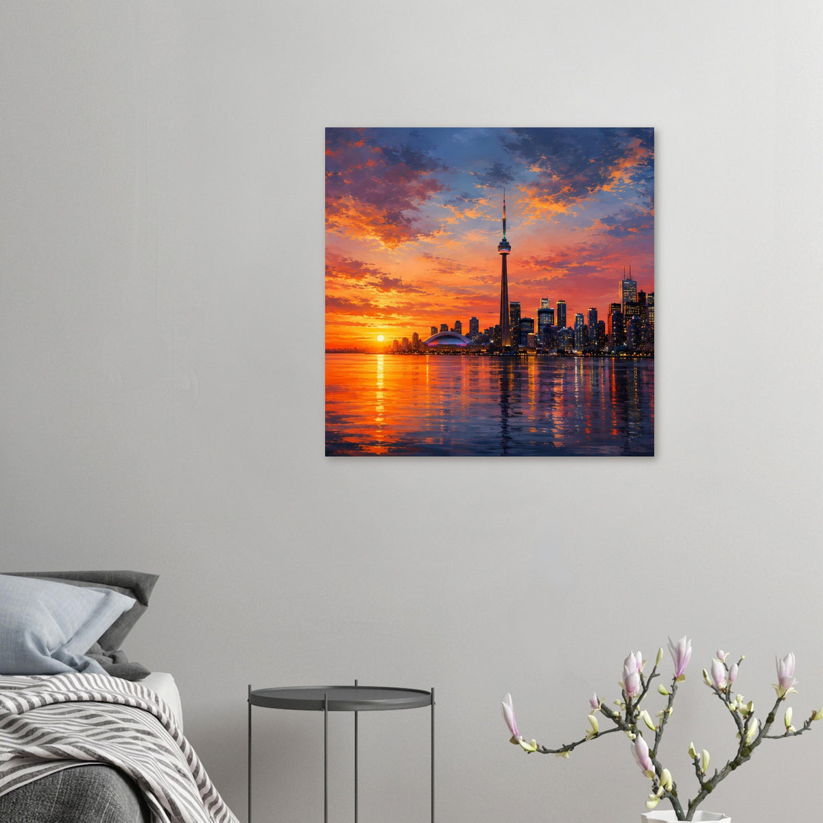 Kleines Poster an der Wand mit Skyline und CN Tower bei Sonnenuntergang