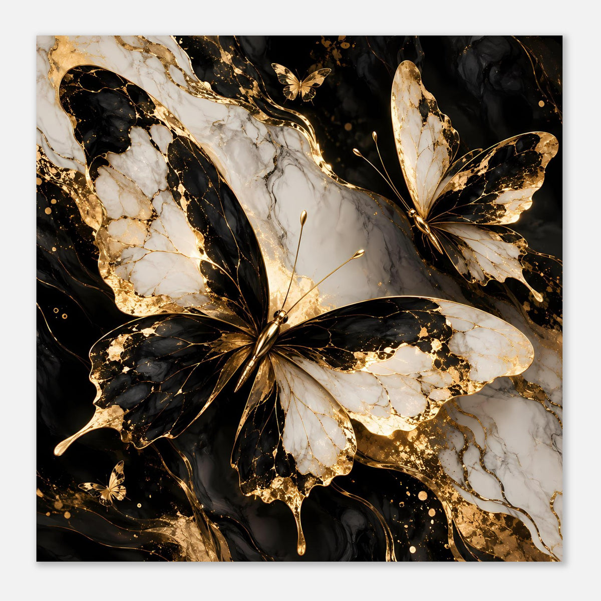 Querformat-Poster mit Schmetterling, Schwarz-Gold und marmorierten weißen Flächen