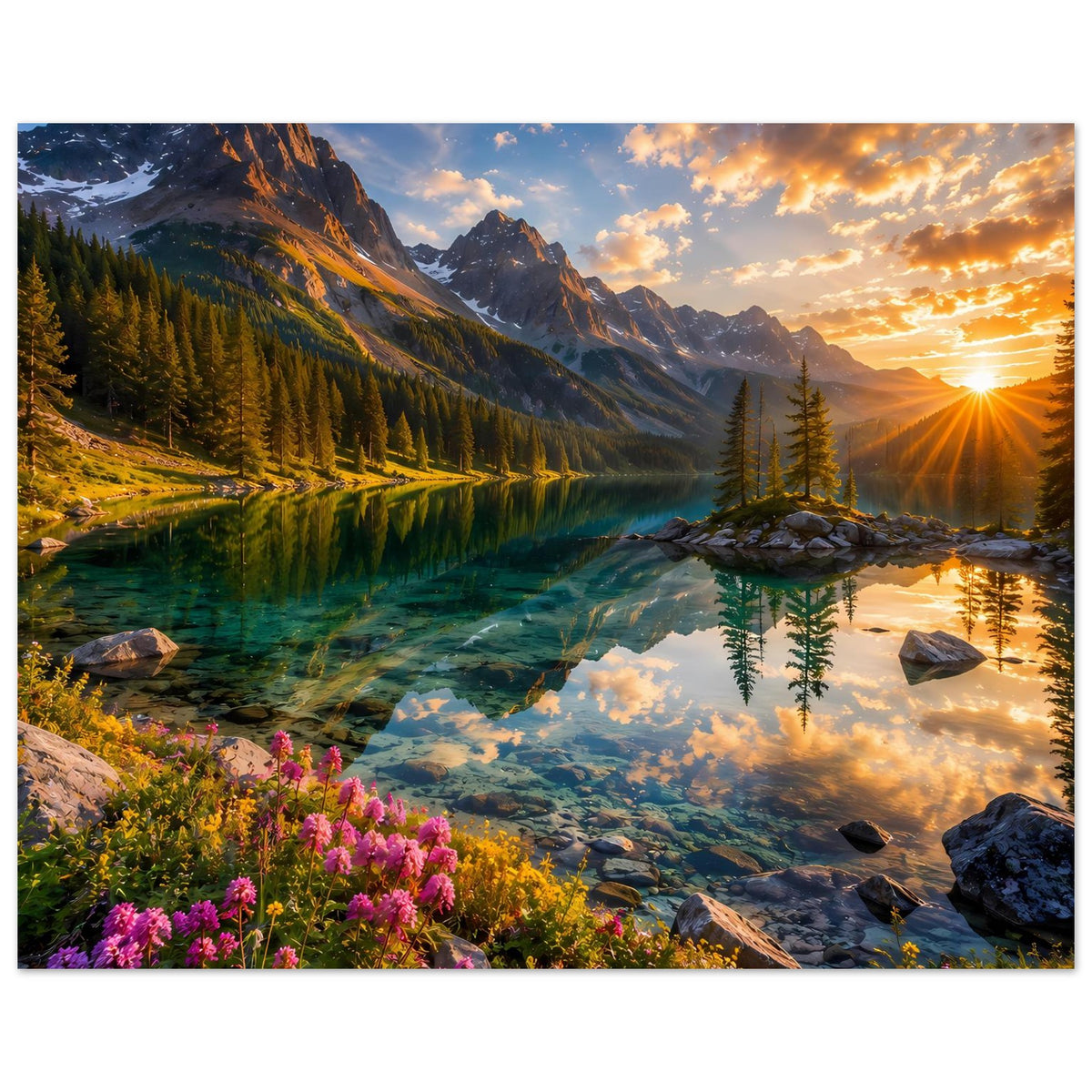 Wandposter im Querformat mit Bergflusssee, Sonnenstrahlen und bunten Blüten am Rand