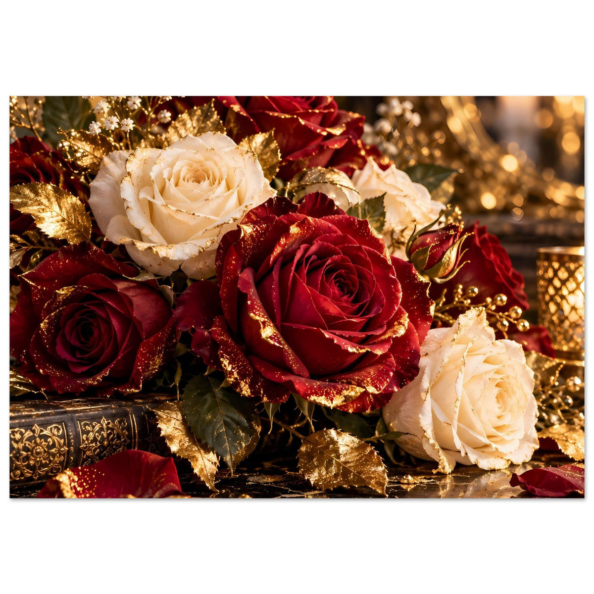 Poster: Rosenstrauß in Bordeauxrot, Cremeweiß & Gold, rote Rose zentral, goldige Deko