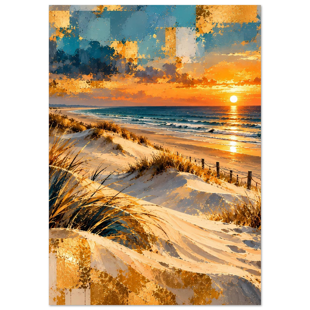 Poster im Hochformat mit Küstenzaun, Sanddünen, Strandgras und goldener Abendsonne