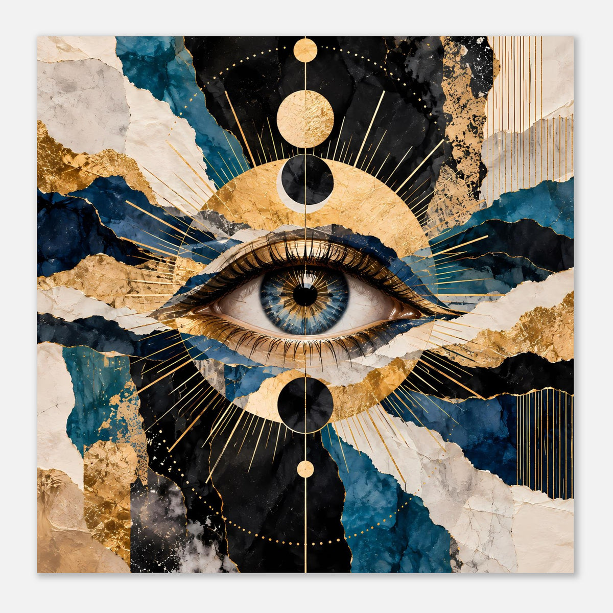 Kunstposter mit Auge, goldene Kreise und Strahlen; Farbflächen in Blau, Schwarz und Gold