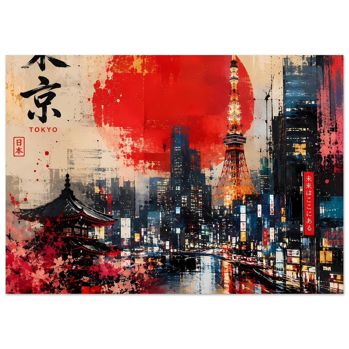 Abstraktes Poster mit Tokio Skyline, roter Sonne, Tokyo Tower und nächtlicher Straße