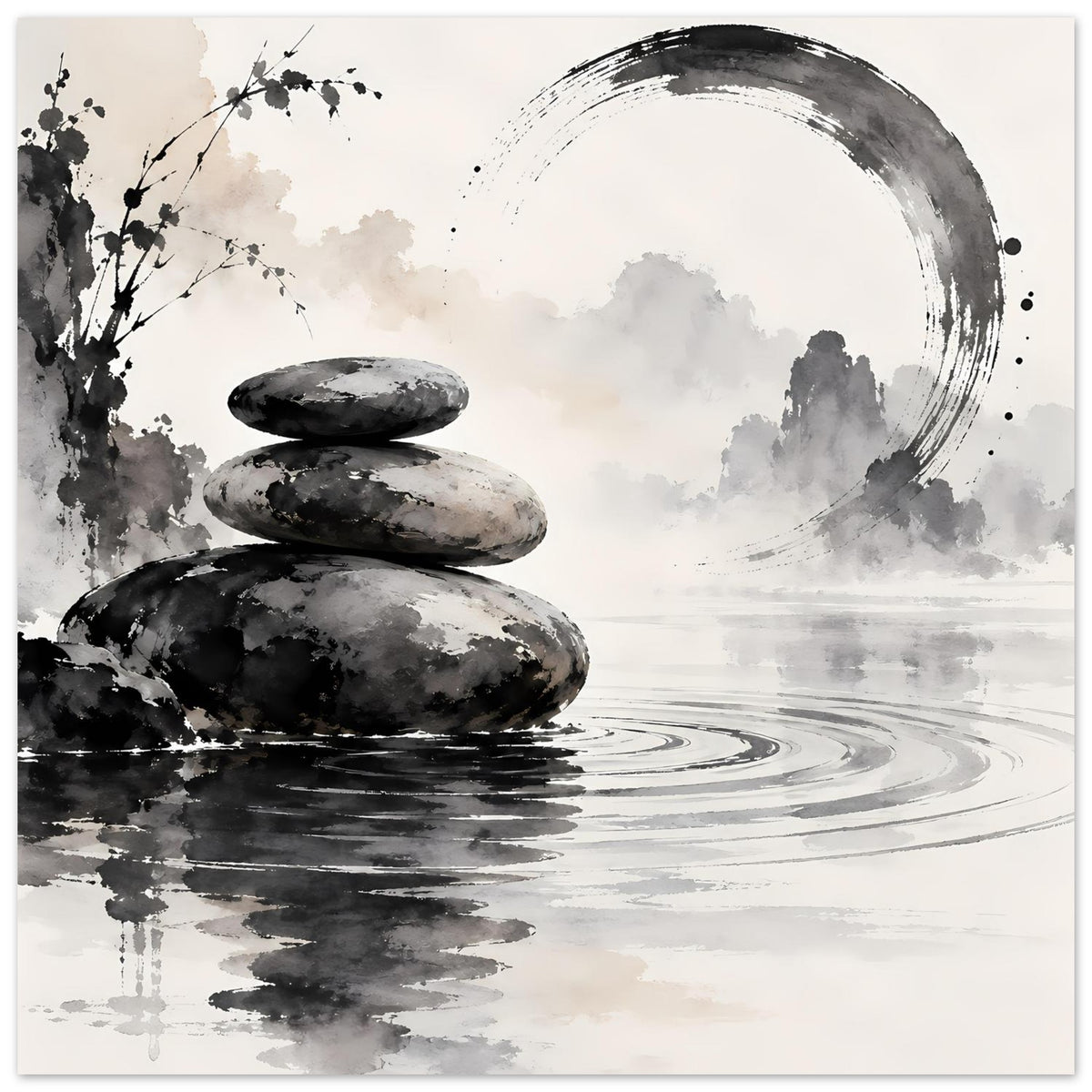 Poster mit Zen-Steinmotiv in Schwarzweiß: drei Steine, Wasserwellen, Blätterzweig links